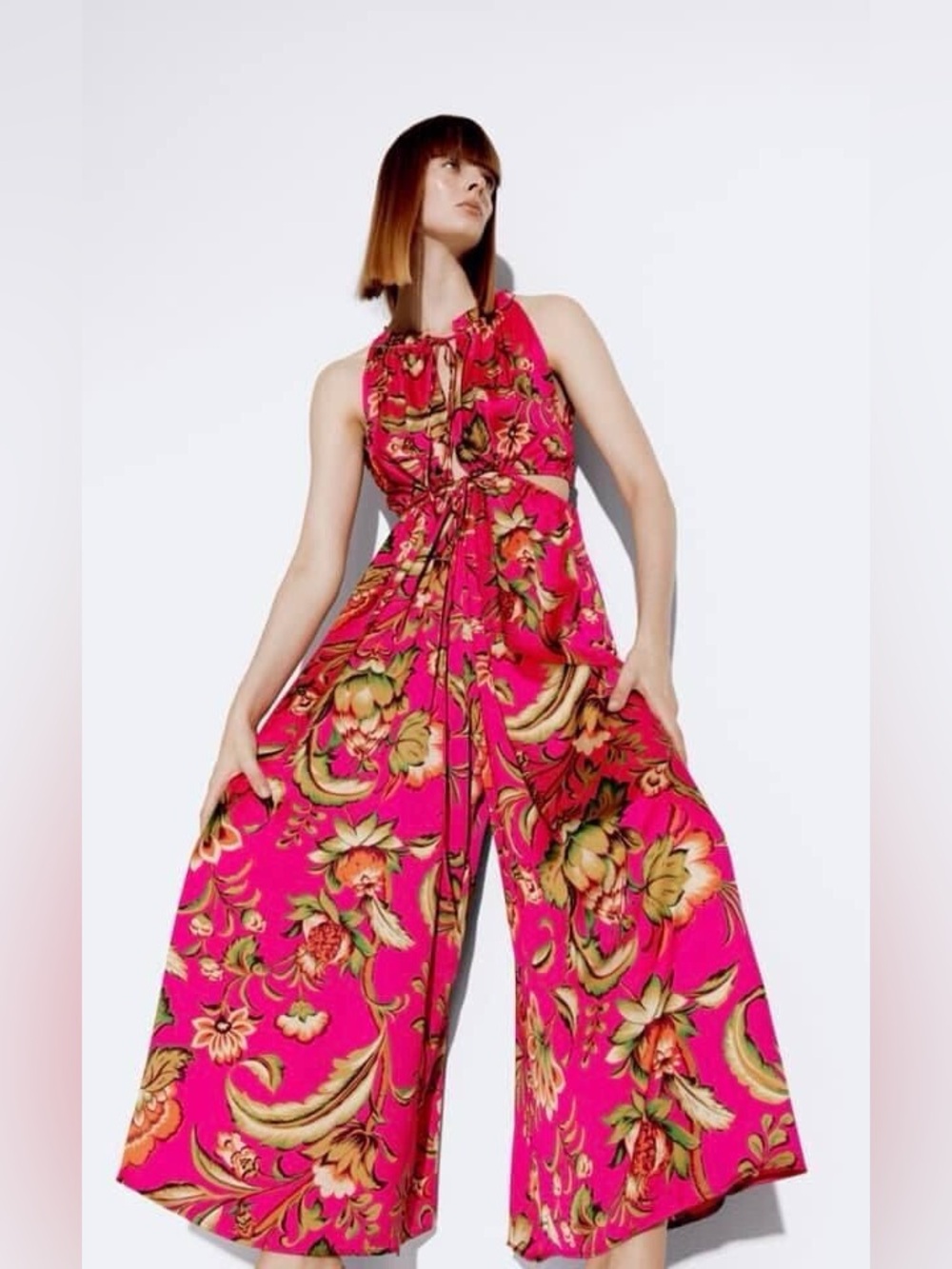 Zara Hot Pink Floral Wide-Leg Jumpsuit